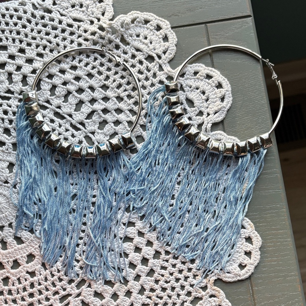 Fringed Hoop Earrings with Silver Beads - Light Blue Fringe
